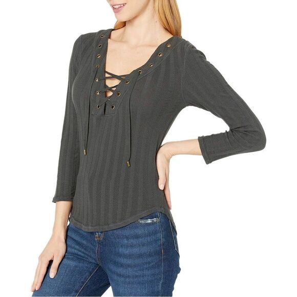 Free People Washed grey Ice Cold Lace-Up Scoop Neck Cotton blend Top Sz S - Picture 4 of 12